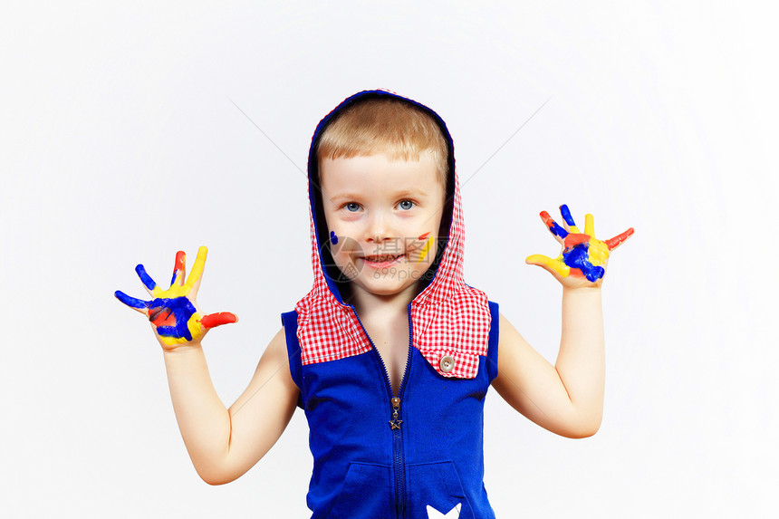 手上涂着油漆的幸福的孩子乐趣快乐艺术画家手指喜悦幼儿园童年教育指纹图片