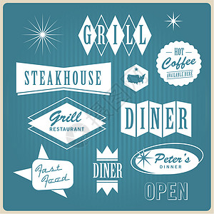 T型广告牌古型餐厅标志 徽章和标签插画