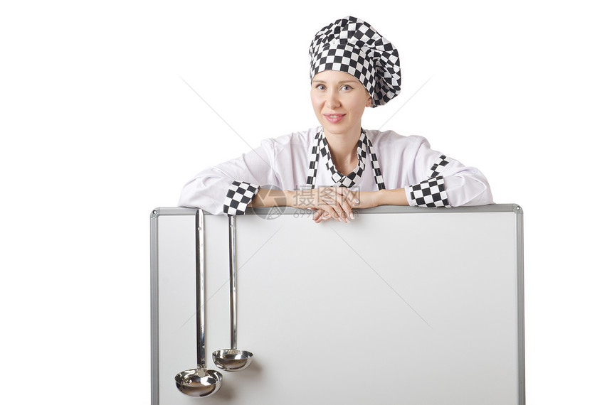 装有拉盘和空白板的烹饪木板女性厨房女孩饮食公告栏房子钢包主妇乐趣图片
