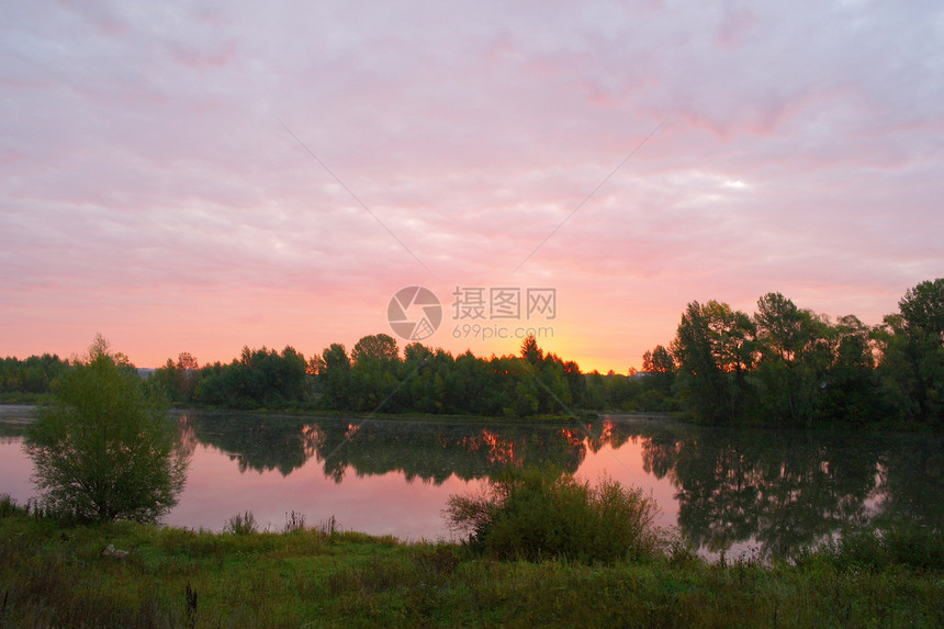 清晨日出在河上地平线全景太阳光线木头太阳边缘晴天阳光池塘林地图片