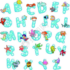 用鱼和泡泡的字母顺序排列章鱼警笛牡蛎家庭海马气泡海星鲨鱼动物金子背景图片