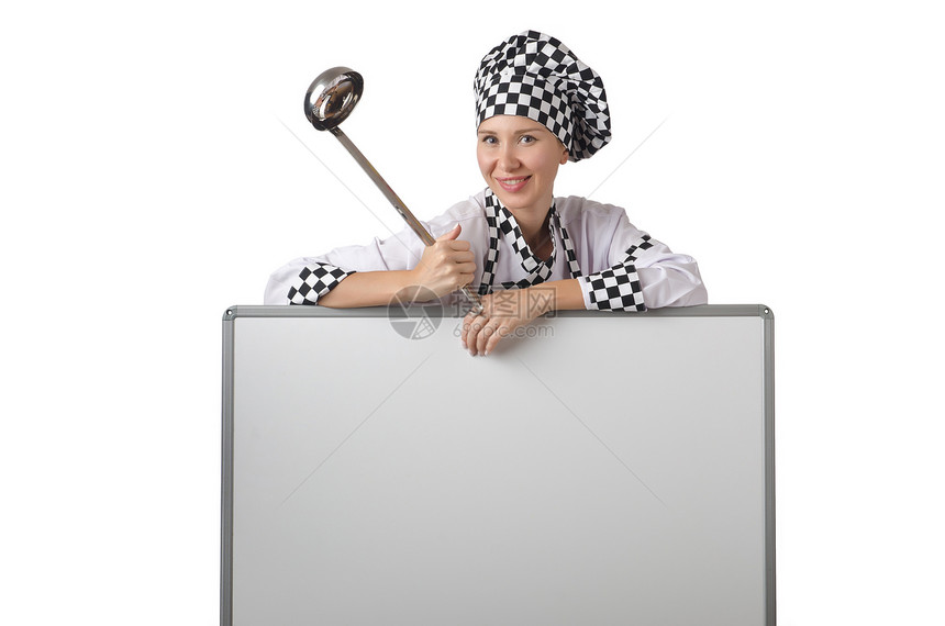 装有拉盘和空白板的烹饪饮食钢包快乐帽子厨房午餐家庭女性木板食物图片