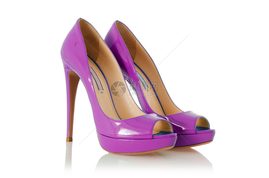 女性脱白妇女鞋高跟鞋女士皮革白色短剑紫色脚跟齿轮凉鞋图片