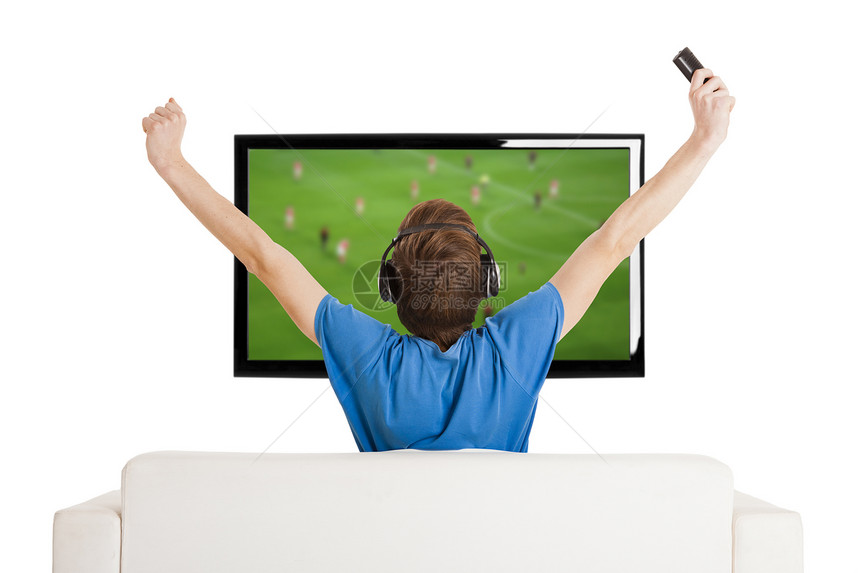 在电视上看足球播送电影体育微笑渠道喜悦耳机团队生活屏幕图片