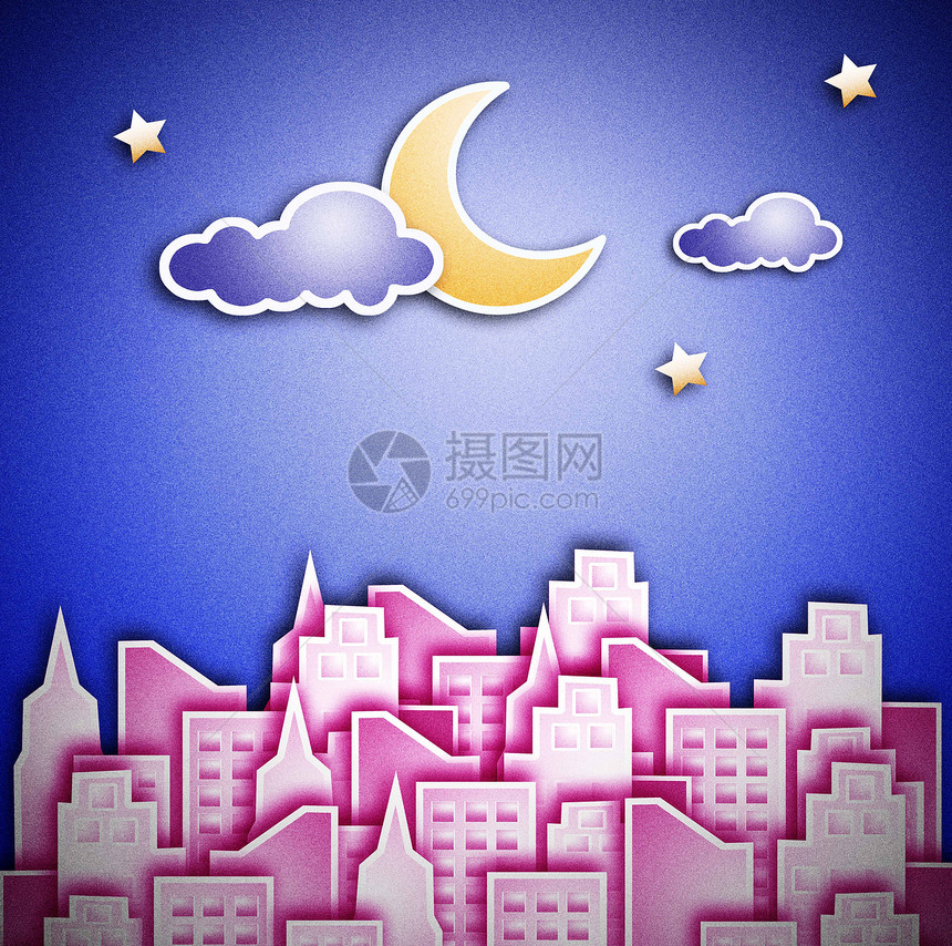 市之夜星星新月月亮住宅粉色建筑物蓝色首都天空图片