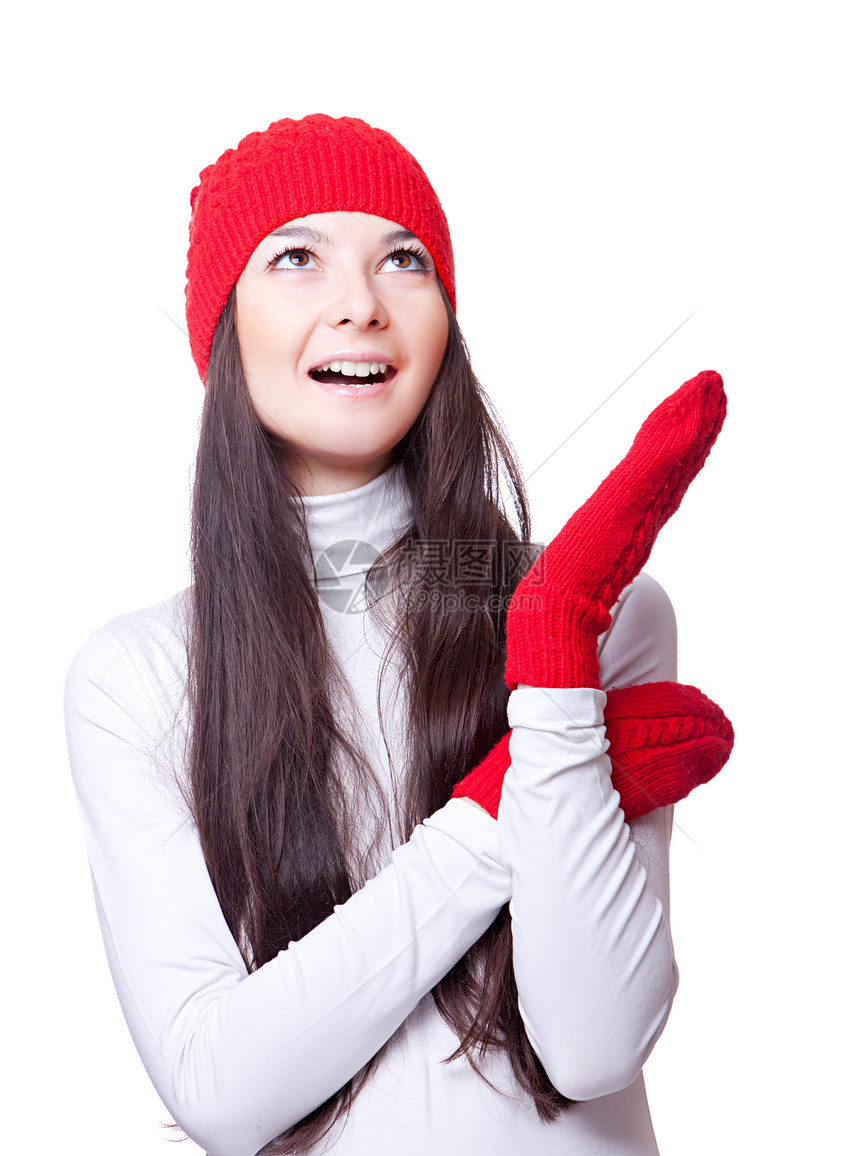 穿着红帽子的圣诞快乐女人图片