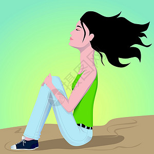 安静思考的女孩女孩坐在地上呼吸太阳身体嘴唇女性拥抱天空思考膝盖单线设计图片
