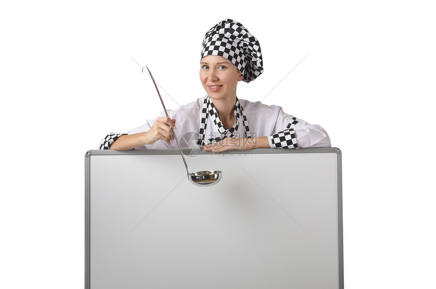 装有拉盘和空白板的烹饪房子女士食物午餐厨师广告钢包乐趣家庭帽子图片