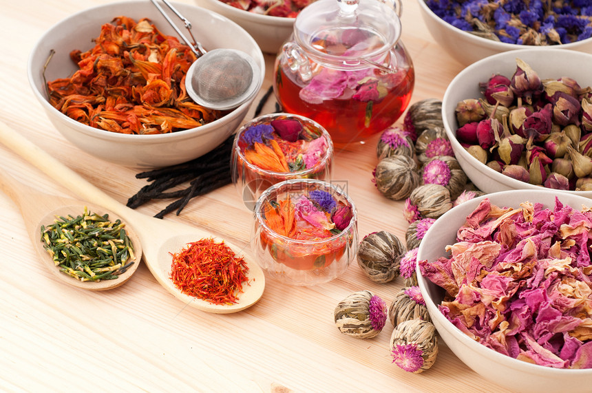 香草天然花卉茶和干花玫瑰芳香草本植物食物茶点茶壶叶子治疗饮料杯子图片