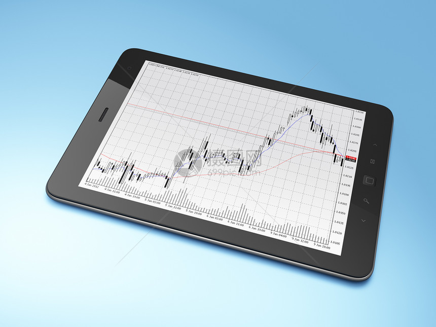 蓝色背景的美丽黑色平板电脑插图软垫细胞金融电话屏幕药片市场工具图片