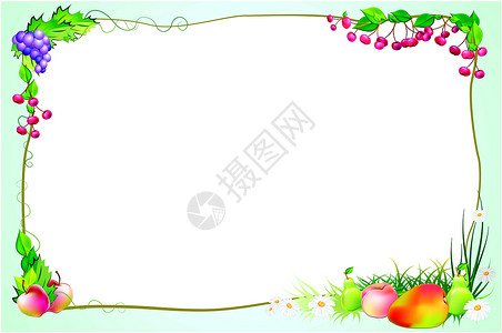 精致葡萄边框与水果和鲜花相交设计图片