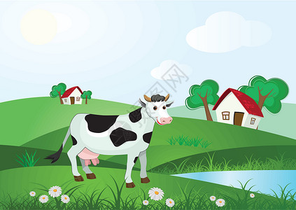 升钟湖在草地上的牛乳房生长养分喇叭插图营养村庄同质化奶制品牧场插画