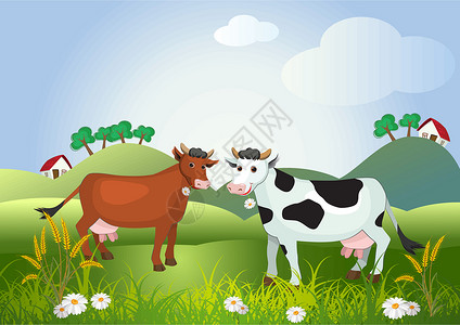 升钟湖草地上的两头奶牛插画
