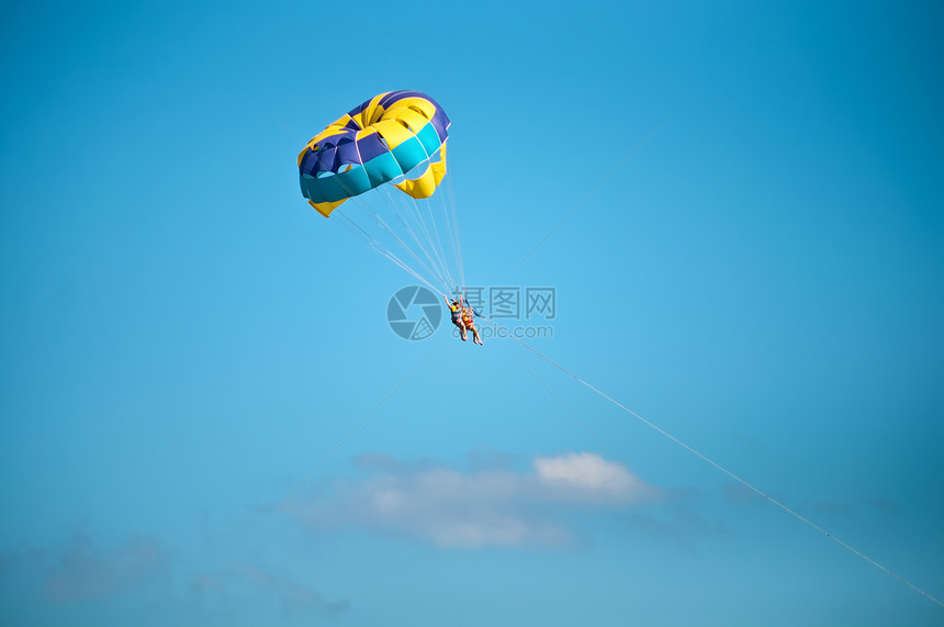 夏季的远足爱好降落伞活动自由冒险跳伞天空蓝色运动生活图片