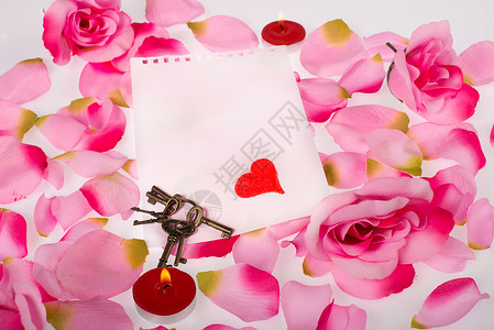 情人装饰蜡烛静物浪漫笔记红色花朵花瓣庆典玫瑰粉色背景图片