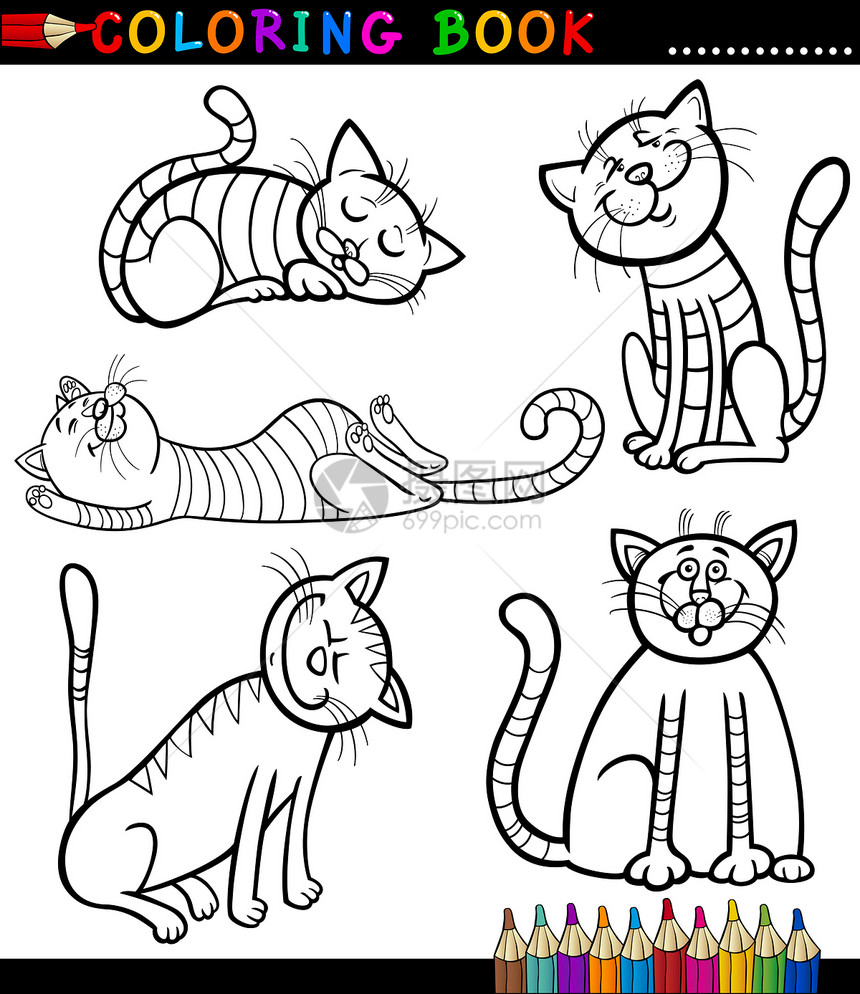 用于着色书的卡通猫或小目标猫科教育填色幼儿园绘画吉祥物胡须宠物孩子们快乐图片