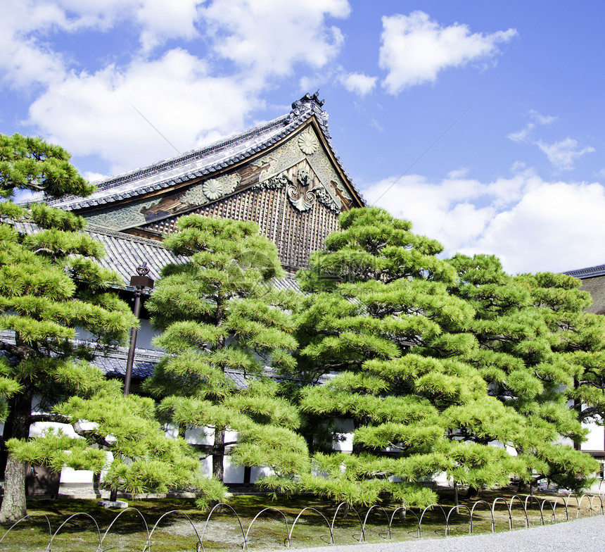 日本京都Nijo城堡传统地标入口天空将军蓝色岩石木头公园寺庙图片