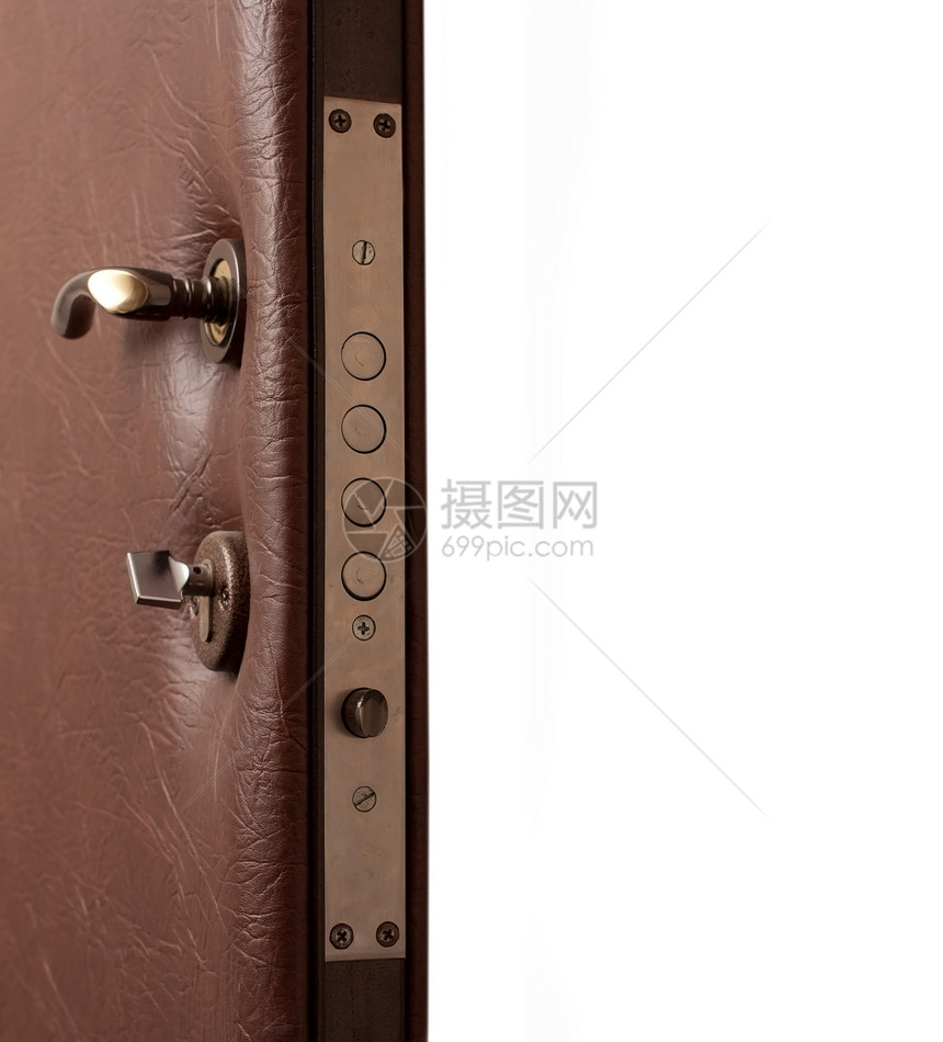 带有复制空间的打开门白色皮革出口棕色入口安全隐私门把手财产金属图片