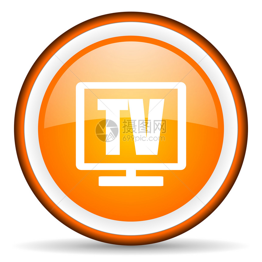 白色背景上的 tv 橙色圆圆图标运河按钮网站展示居住钥匙电影监视器日程商业图片
