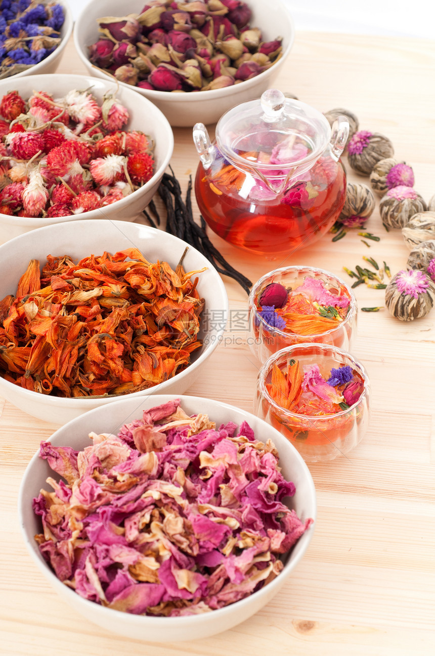 香草天然花卉茶和干花草本植物杯子玻璃饮料治疗酿造茶点叶子药品茶壶图片