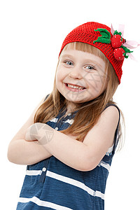 穿着红色帽子的漂亮小女孩 带着草莓模式漂亮的高清图片素材