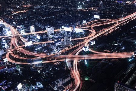 市风夜和交通车照明 曼谷鸟眼观天际城市生活建筑夜景高密度城市财产天空外观市区高清图片素材