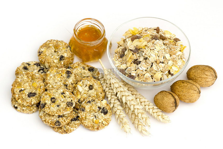 谷物饼干 面包饼 蜂蜜和坚果小麦糕点食品营养种子薄片燕麦食物诱惑小吃图片