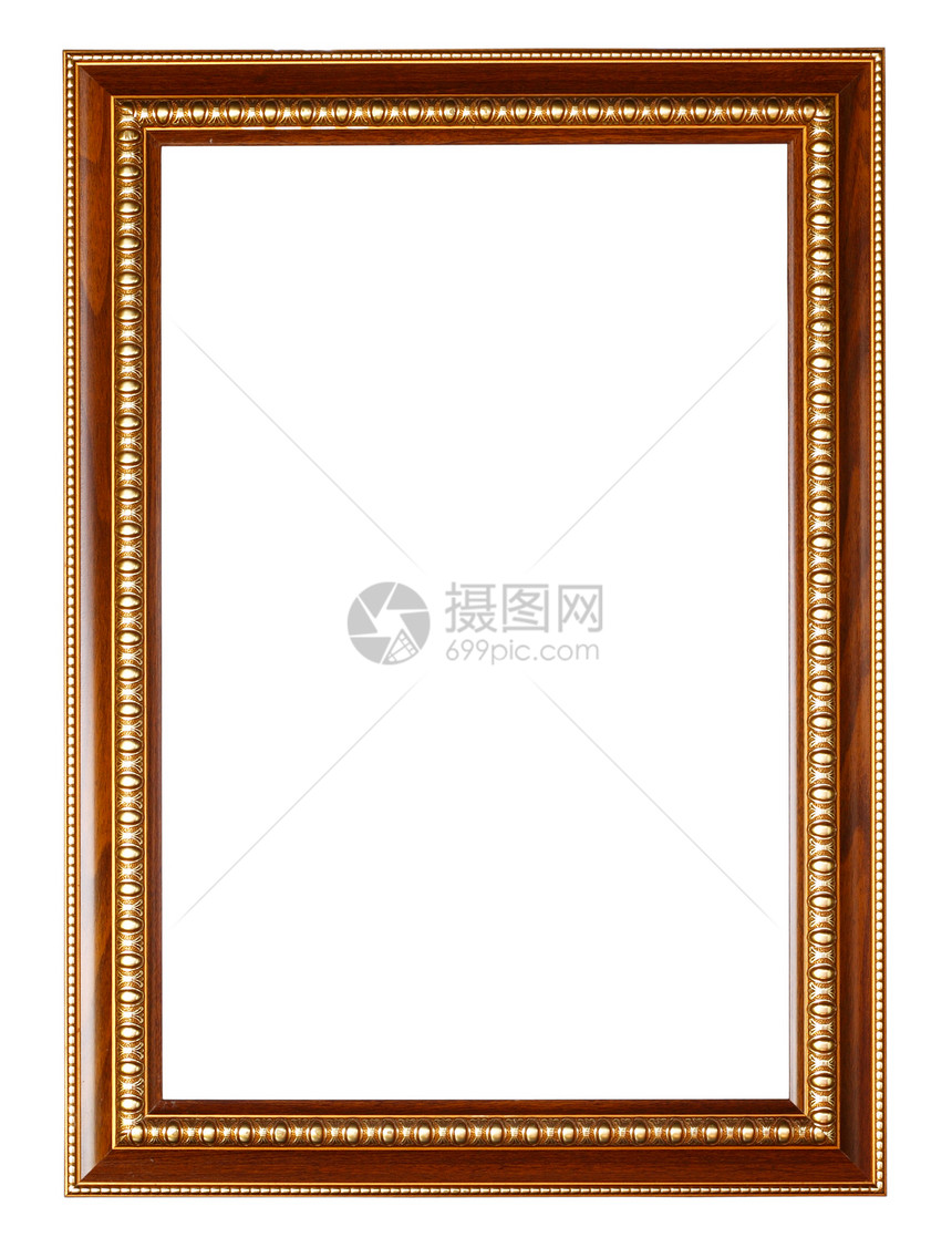 白色背景的金和木框长方形边缘古董乡村金子家具绘画装饰品照片画廊图片