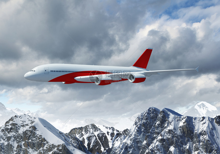 高山上空的白色客机顶峰假期晴天地形涡轮空气飞机奢华运输翅膀图片