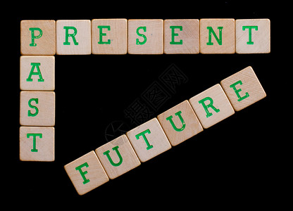 旧木块上的绿字(目前 过去 未来)背景图片