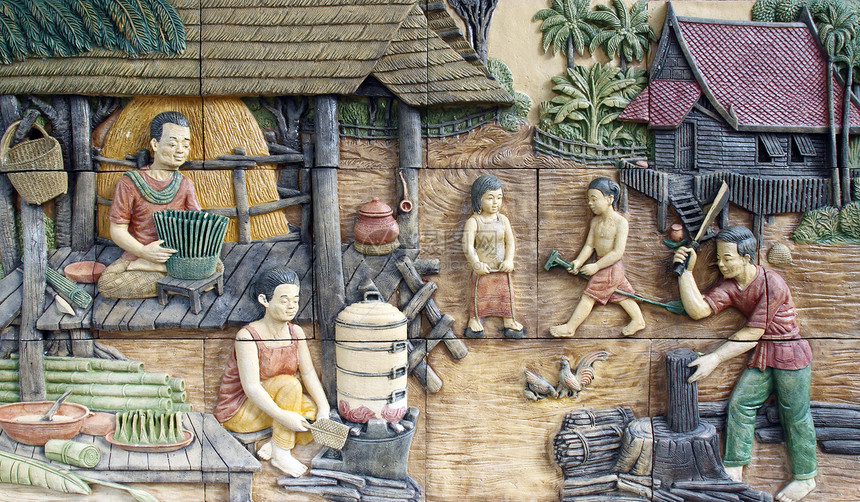 寺庙墙上的泰国文化雕刻石国家建筑学传统风格雕塑艺术农村农民石头框架图片