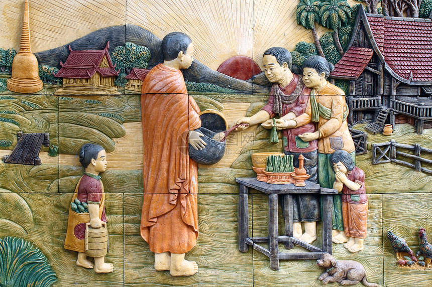 泰国寺庙墙上的泰国土著文化Thai Stucco传奇雕像装饰工艺故事建筑学教会手工框架宗教图片