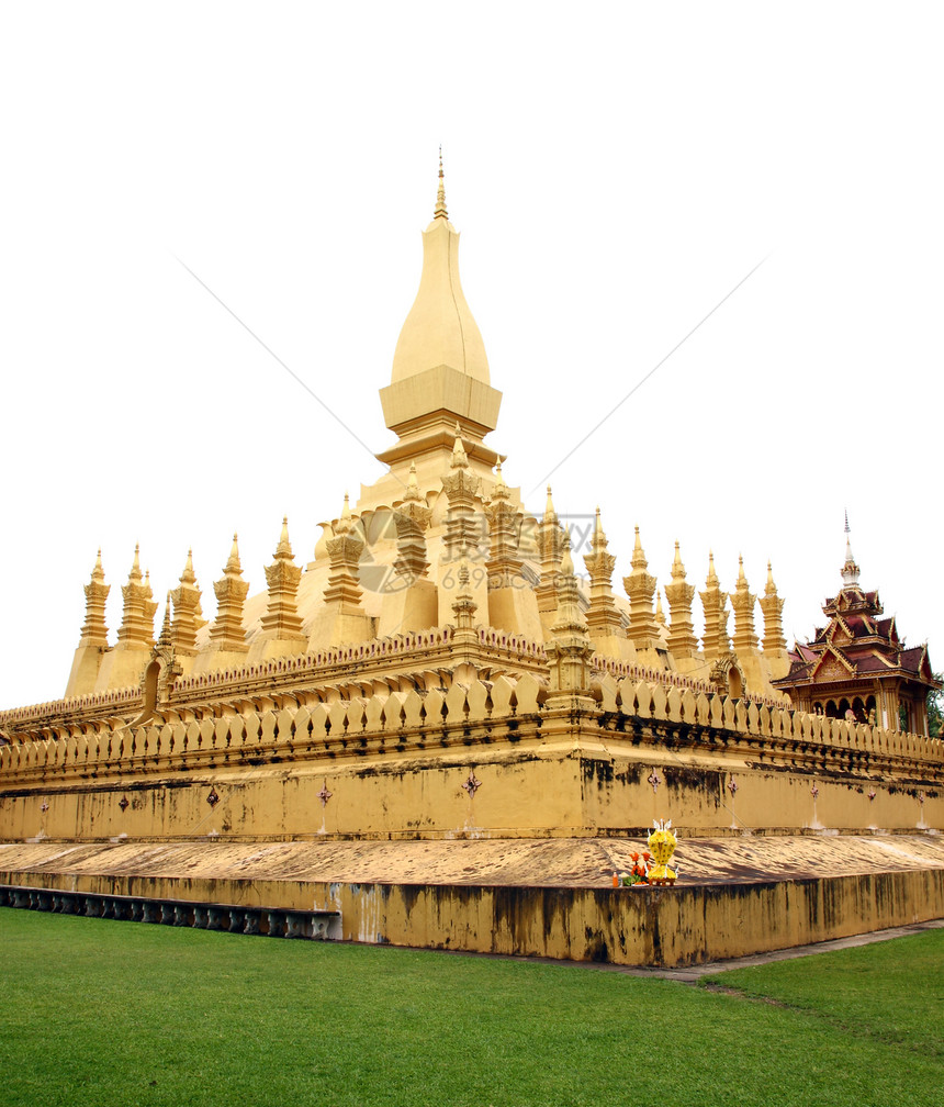 在万象寺庙的金巴达 在老挝旅行寺庙异国万象蓝色文化旅游佛教徒遗产天空祷告图片