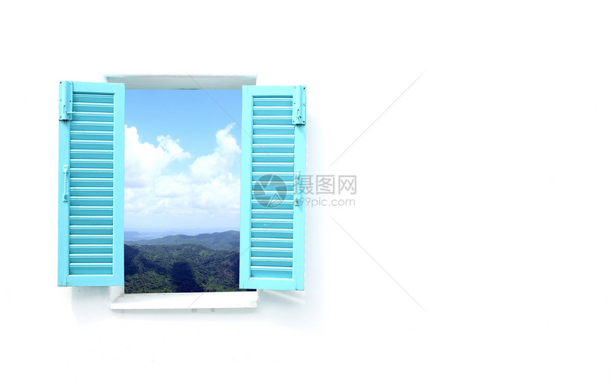 带有山和天空视图的希腊风格窗口村庄装饰品窗户房间蓝色玻璃花园场景艺术建筑学图片