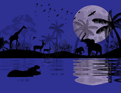 大象水非洲风景中的野生动物插画