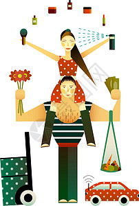 快乐的情侣海报食物男人女士花朵化妆品绘画卡通片夫妻财富背景图片