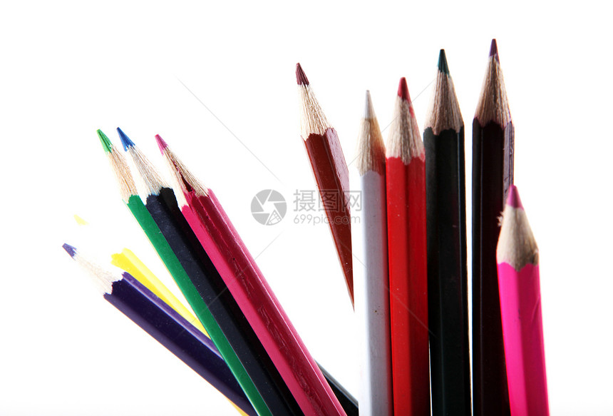 白背景上孤立的铅笔团体木头紫色蜡笔彩虹调色板橙子蓝色素描光谱图片