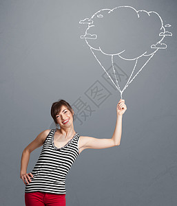 手画气球素材美貌的女士拿着云彩气球画乐趣快乐派对玩具微笑笑脸闲暇气泡女孩喜悦背景