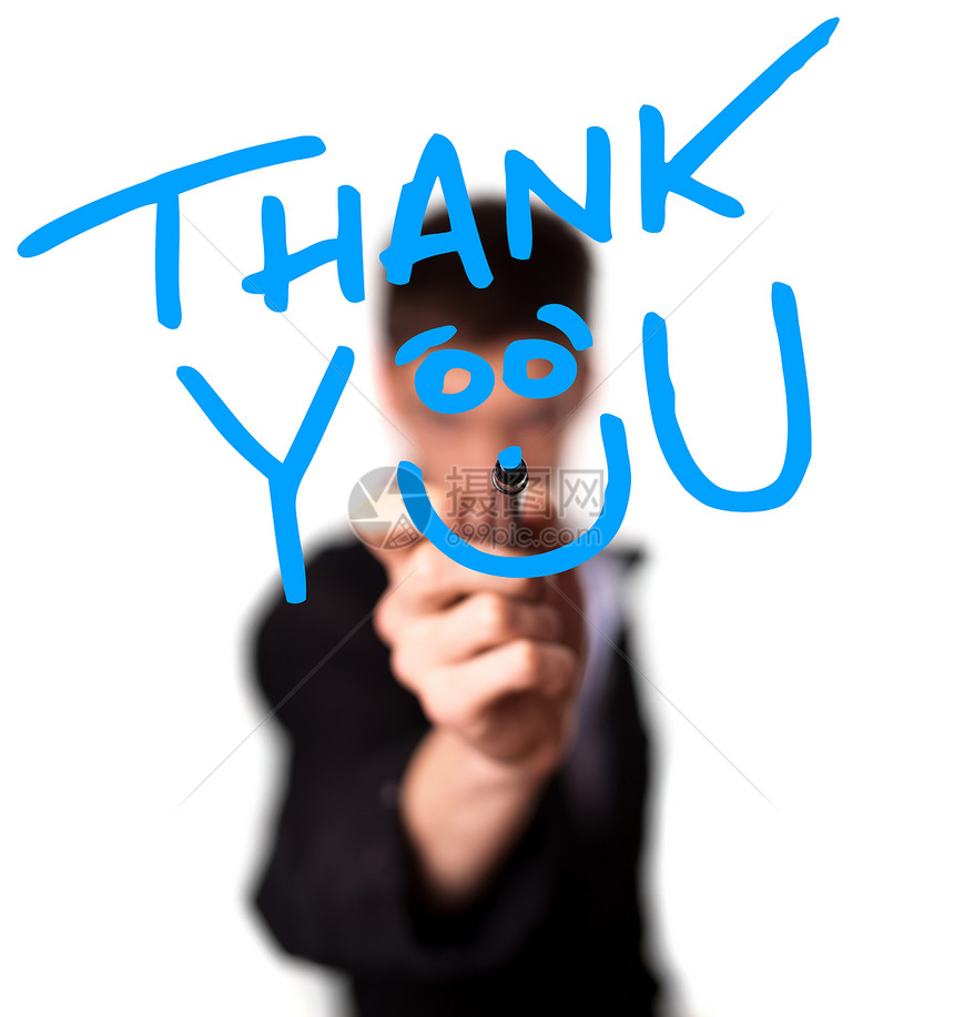 年轻人在白板上写谢谢你书法商业墨水问候语卡片乐趣签名工具包销感激图片