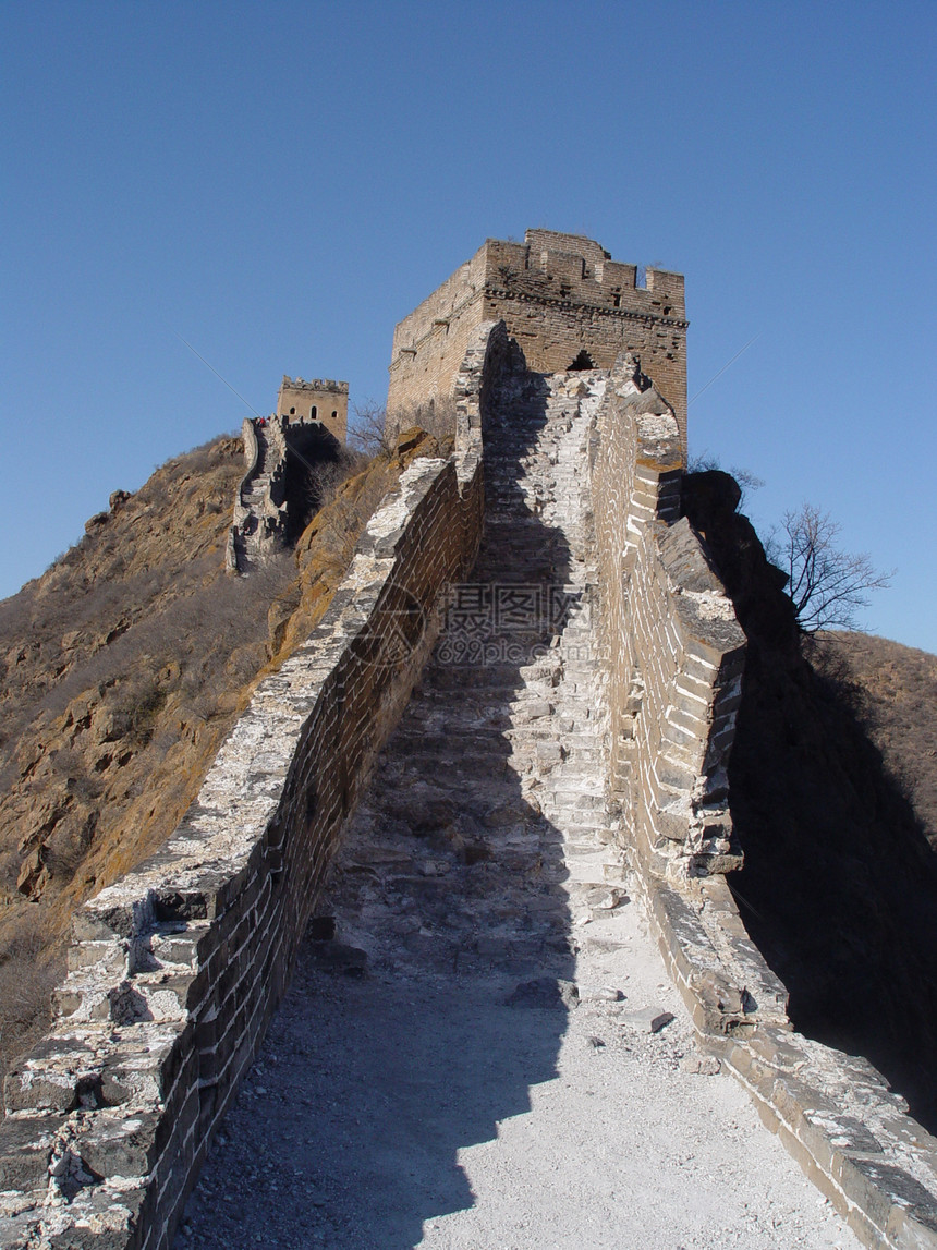 中国的长城边界丘陵天空远足蓝色山脉石头旅行图片