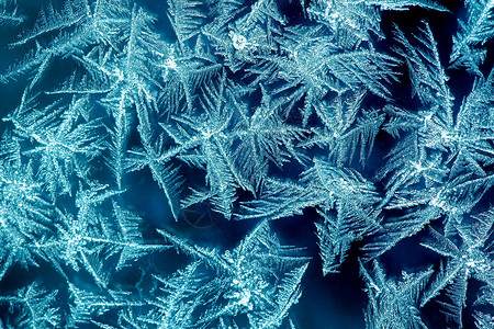 霜天气磨砂冻结蓝色窗户雪花雾凇玻璃宏观霜花背景图片