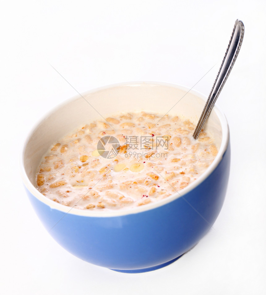 Muesli与新鲜牛奶和勺子混合金子食物玉米早餐谷物玉米片种子耳朵小麦营养图片
