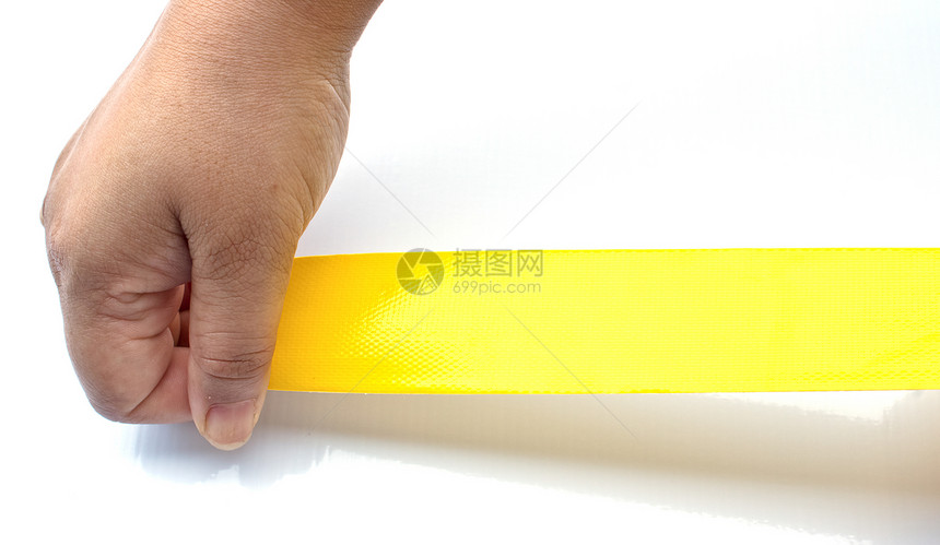 双手绑在胶带上磁带维修黄色标签绷带合页胶水办公室卷曲团体图片