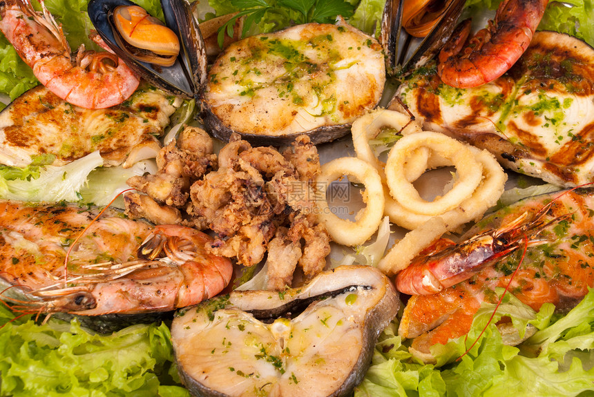 各类海产食品服务美食鱿鱼圈贝类午餐对虾画幅水平乌贼图片