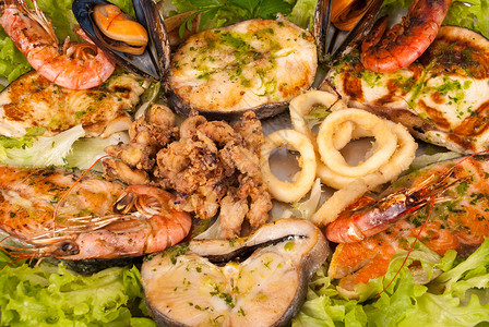 各类海产食品服务美食鱿鱼圈贝类午餐对虾画幅水平乌贼高清图片