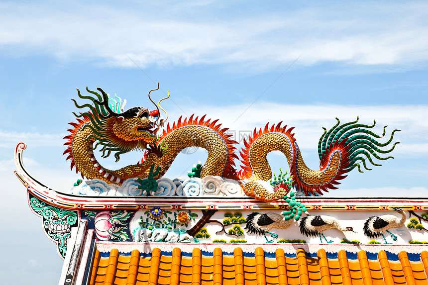 中国寺庙屋顶上多彩的神像旅游院子历史叶子衬套宗教正方形花园草地场景图片