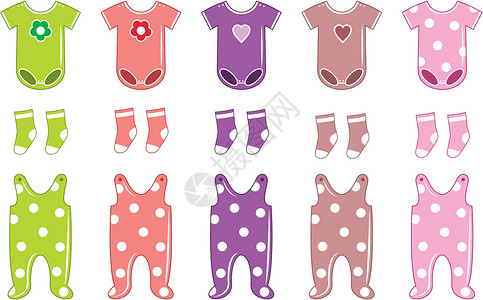 一套婴儿衣物紫色服装粉色衣服连身衣绘画图纸绿色连体衣纺织品插画