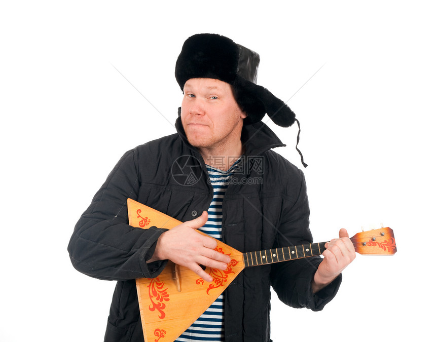 俄国男人与巴拉莱卡脖子乐趣民间工具帽子剥离演奏家文化古董男性图片