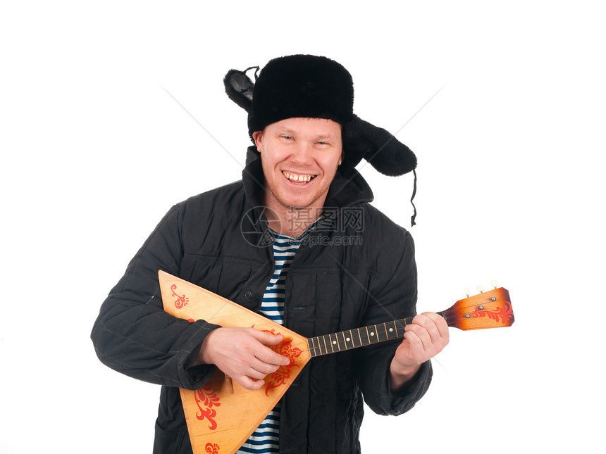 俄国男人与巴拉莱卡男性毛皮乐器古董乐趣音乐文化帽子手臂剥离图片