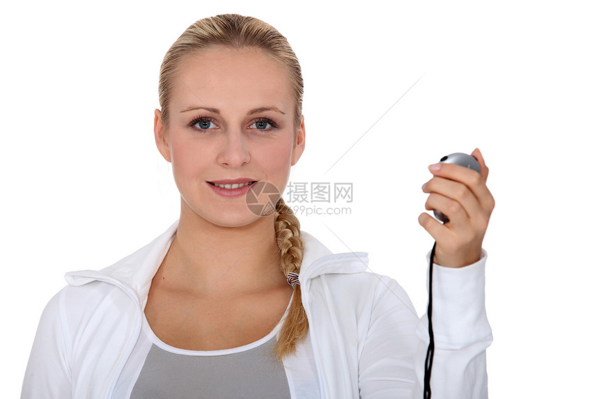 有计时器的妇女训练女士装备运动夹克微笑竞赛竞争运动员金发女郎图片